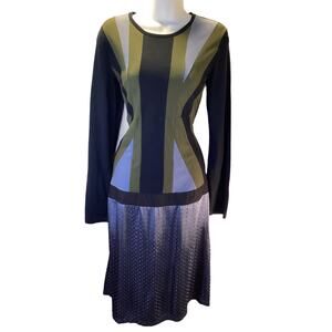 Custo Vintage Long Sleeve Geometric Knit Shiny Satin Artsy Dress 40 Barcelona
